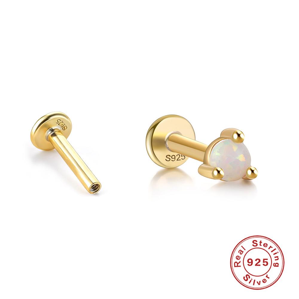 S925 Sterling Silver Screw Stud Earrings with Inlaid Opal - Fashionable Threaded Cartilage Ear Jewelry