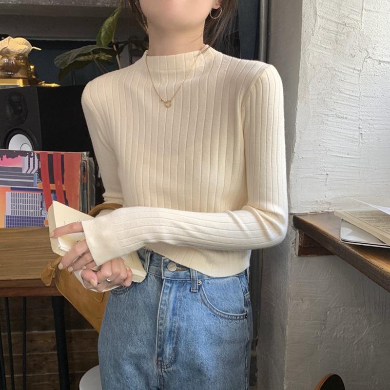 Spring High-end Slim-fit Short Inner Temperament Semi-turtleneck Long-sleeved Knitted Bottoming Shirt Women's Pit Strip Sweater