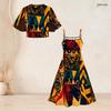 Women Plus Size Two Piece Set American Flag Printed Batwing Sleeve Cropped Shrug Strappy Flared Dress