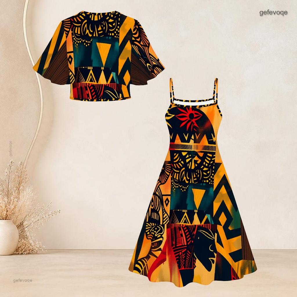 Women Plus Size Two Piece Set American Flag Printed Batwing Sleeve Cropped Shrug Strappy Flared Dress