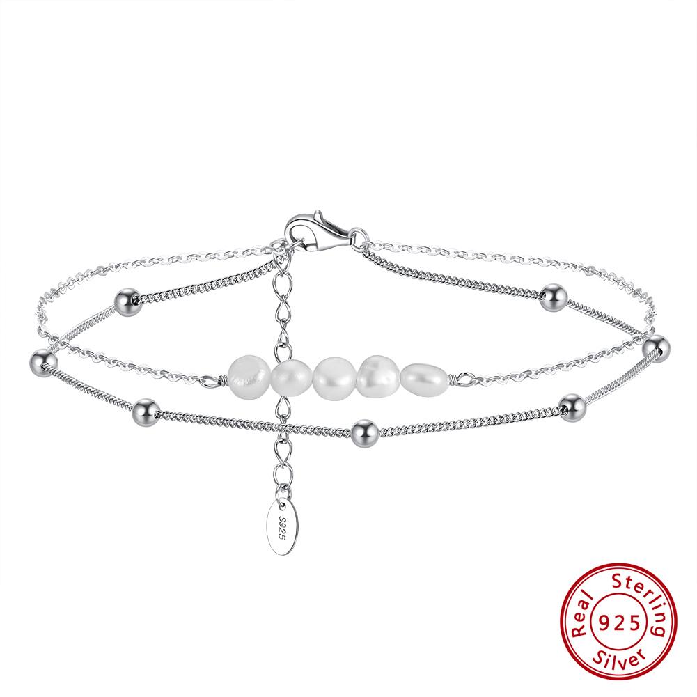 ORSA JEWELS Layered Natural Pearl Chain Anklet for Women Girl 925 Silver Fashion Summer Beach Foot Bracelet Anklets Jewelry SA50