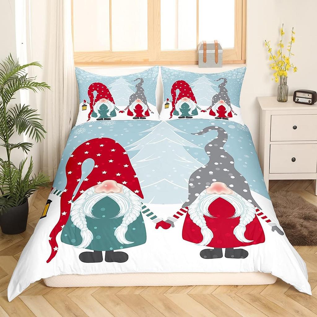 Frohe Weihnachten Bettwäschesets Weihnachten Weihnachtsmann Zwerge Bettbezug Schneefall Weihnachtsmann Bettwäschesets für Kinder Jungen Mädchen Deko