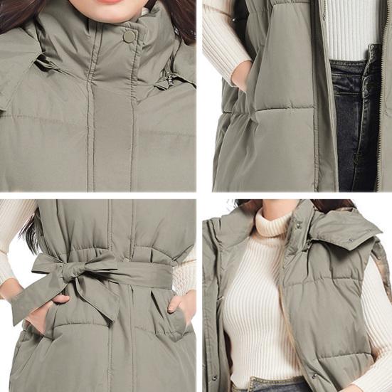 Yousheng Winter Women Vest Coat with Belt Padded Stand Collar Sleeveless Calf Length Down Waistcoat Zipper And Button Closure Cold Weather Outerwear