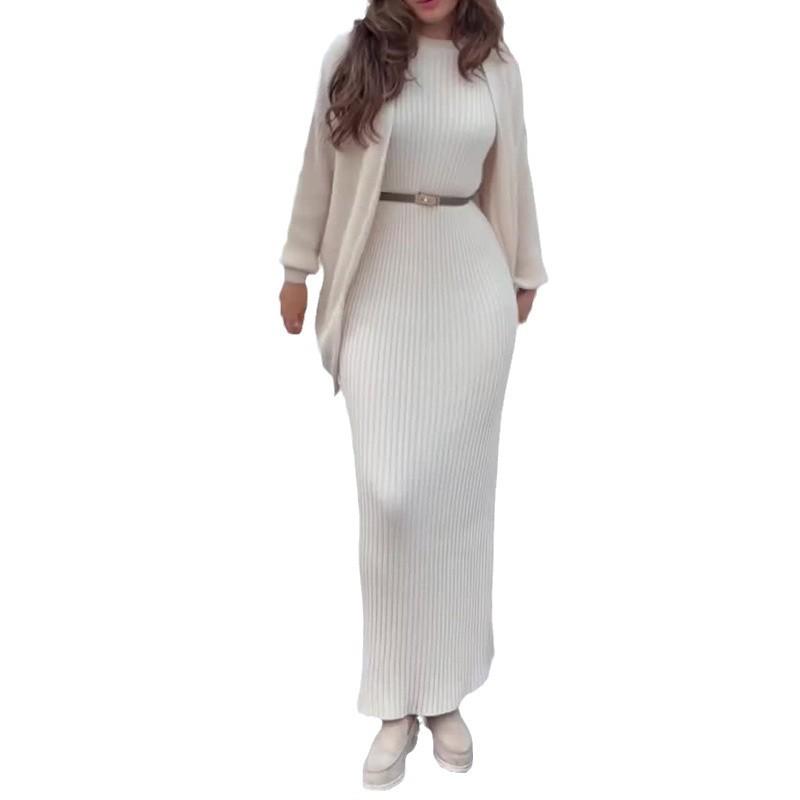 Russian Autumn/Winter Casual Round Neck Lazy Style Knitted Cardigan Set Dress