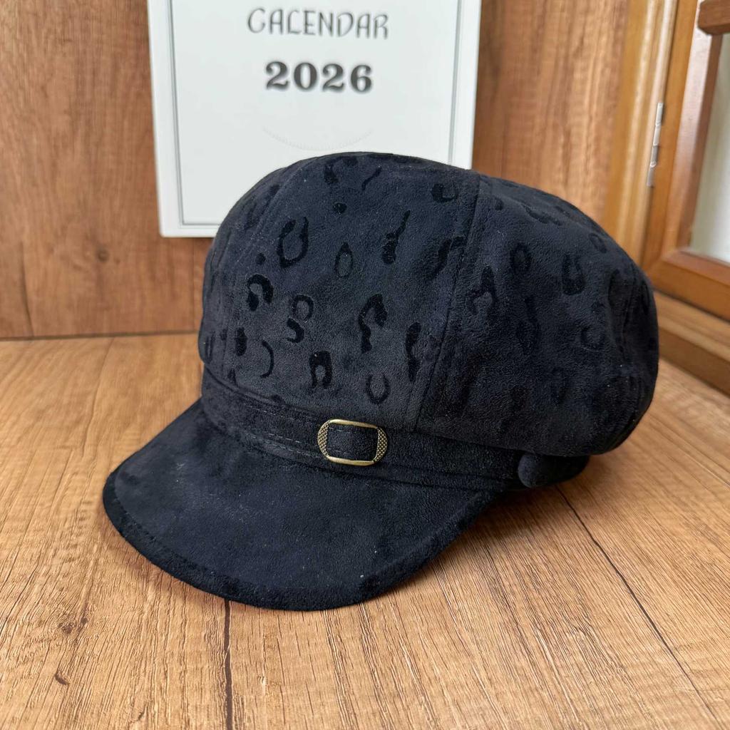 American retro leopard print beret women's autumn and winter four seasons big head circumference showing face small octagonal hat fashionable literary