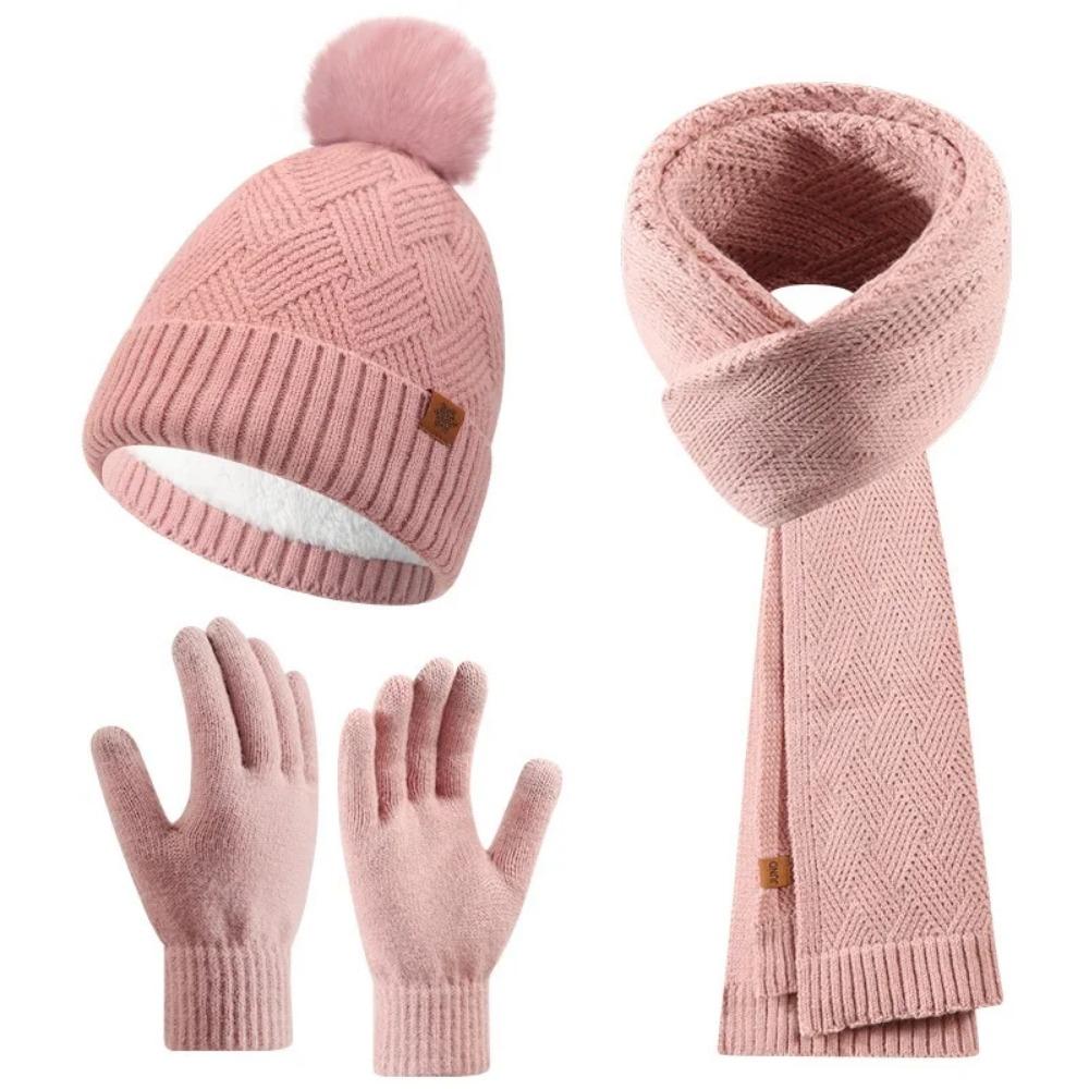 3pcs Wool Hat Scarf Gloves Set Solid Color Winter Beanie Hat Neck Warmer Thermal Knit Cap  Winter