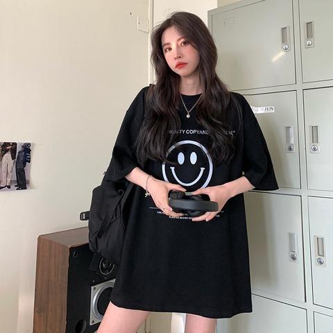 Women's Smiley Face Letter Print Oversized Short Sleeve T-shirt Mid Length Cover Hip Casual Tee