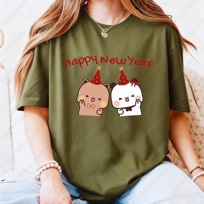Happy New Year Bubu Dudu Emoticon Graphic Tshirt Trendy Fun New Year Tees Fashion Streetwear Cartoon Holiday Party Cotton Tees