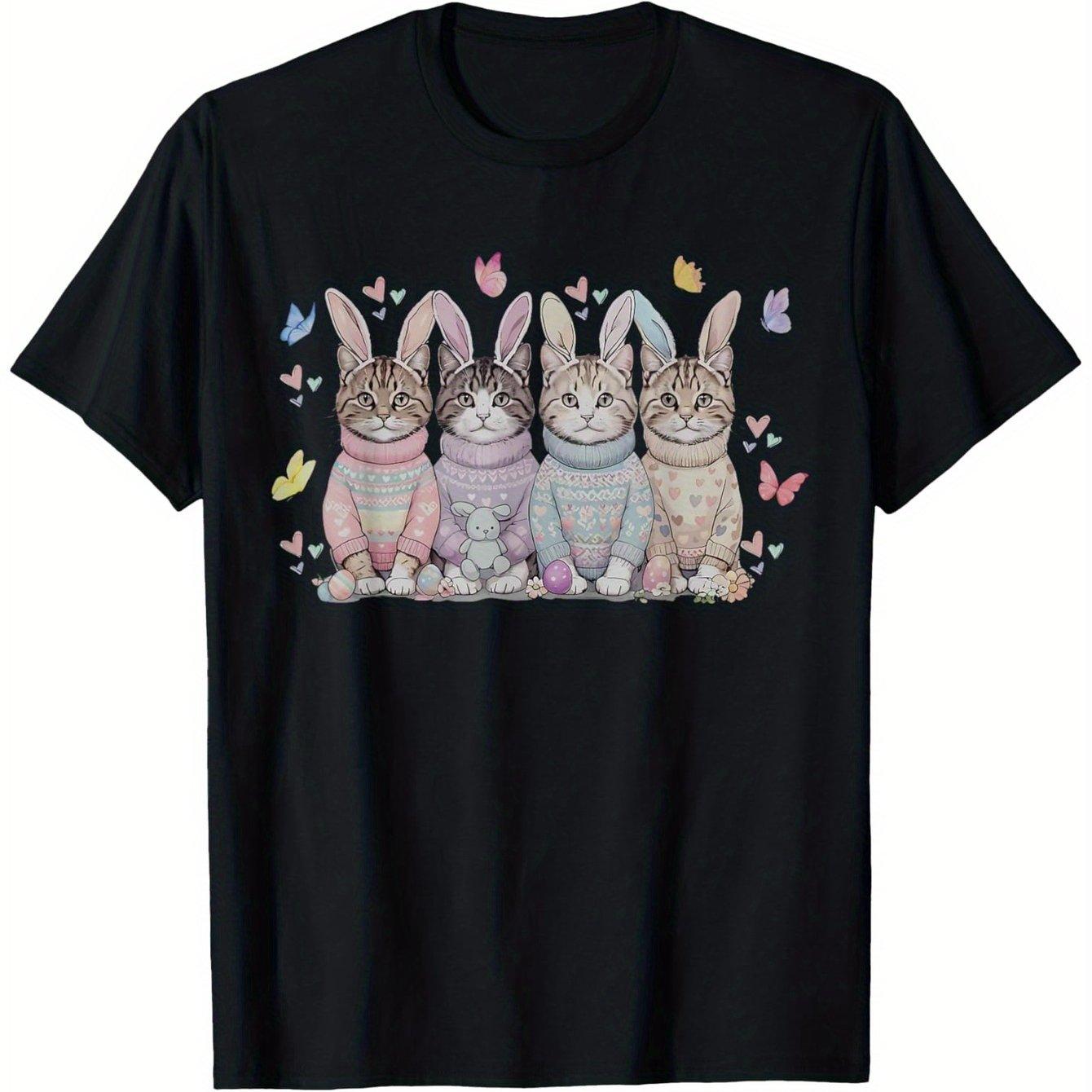 

Easter Bunny Cats Graphic Tee Cute Kitten Rabbit Ears Pullover T-Shirt Casual Spring Gift 4XL