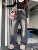 2025 Spring Women's High Street Black and Gray Wide-Leg Jeans - Loose, Slimming, Floor-Length.