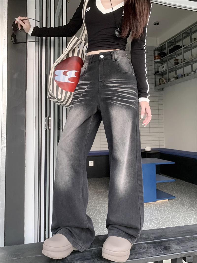 

Женские джинсы 2025 года Весна Хай-стрит Черные и Серые Широкие Штанины - Свободные, Стройнящие, Длиной в Пол. M черный серый