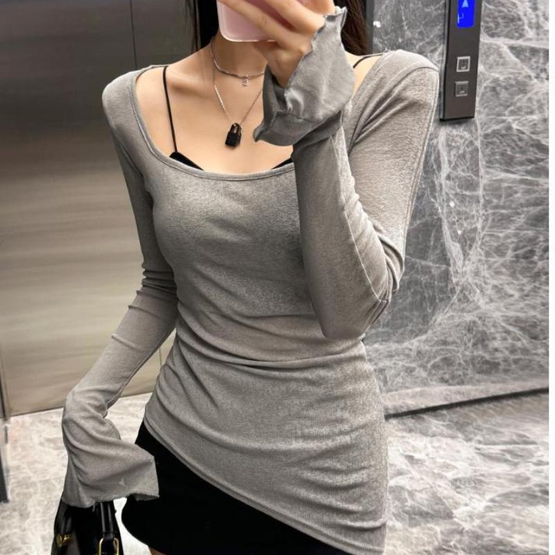 2025 Women U-Neck Long Sleeve T-Shirt Summer New Slim Repair Flared Solid Color Sexy Tops