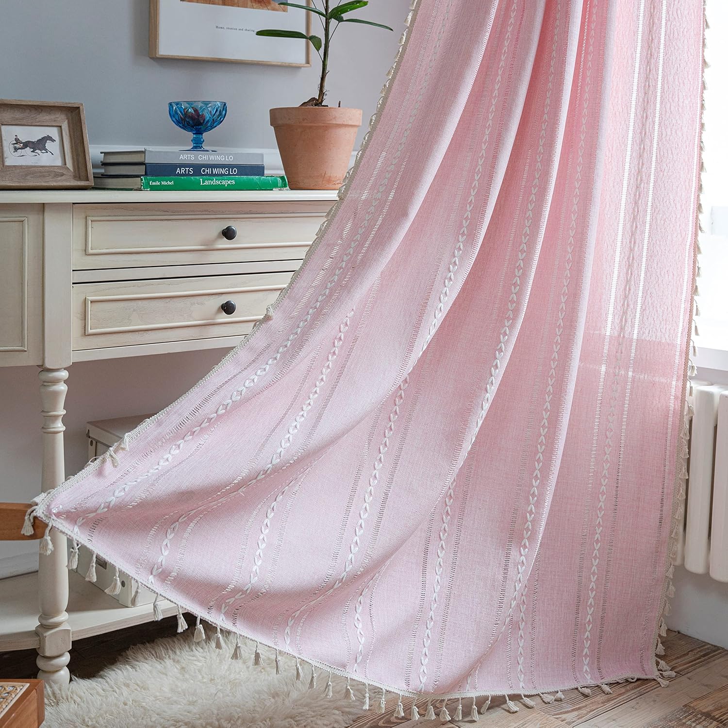 

Boho Curtains for Bedroom Living Room, Light Filtering French Country Farmhouse Vintage Chic Tassels Window Treatment, 1 Panel W140xH100cm&Rod Pocket&1 panel