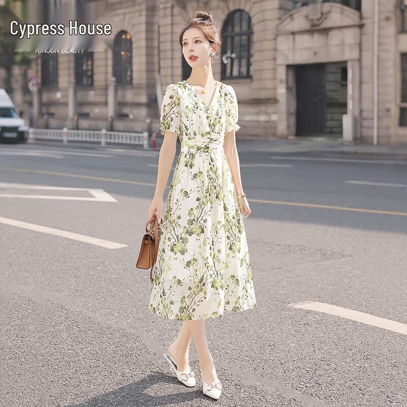 

Women s V-Neck Green Floral A-Line Midi Dress S