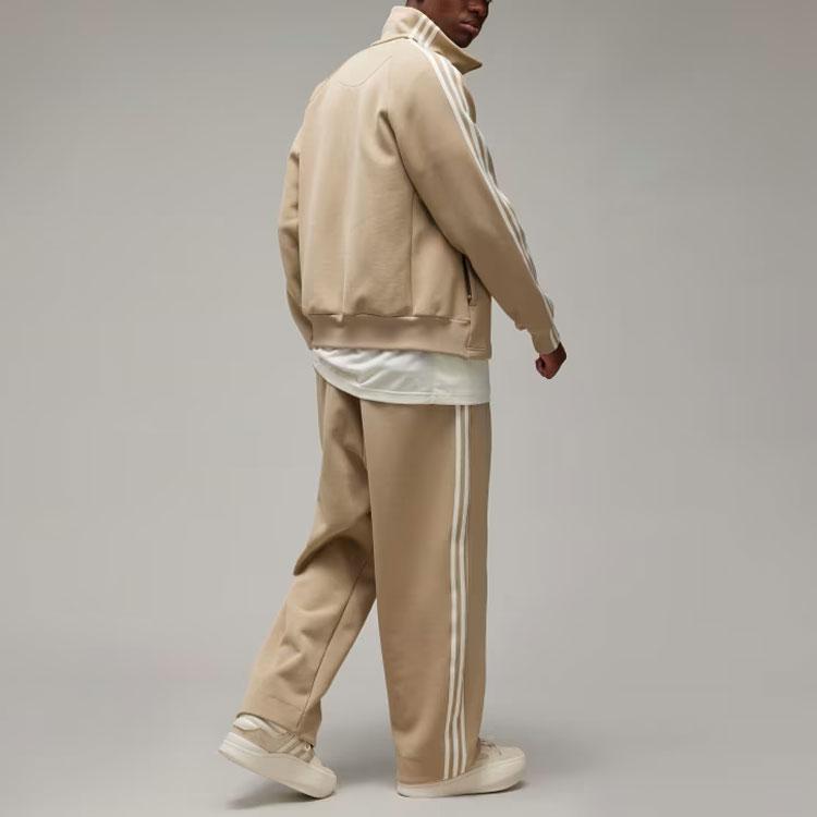 Y-3 Tepláková bunda s 3 pruhy, pruhovaný design, pohodlný stojáček, volná mikina s dlouhým rukávem, unisex topy, khaki IZ3125