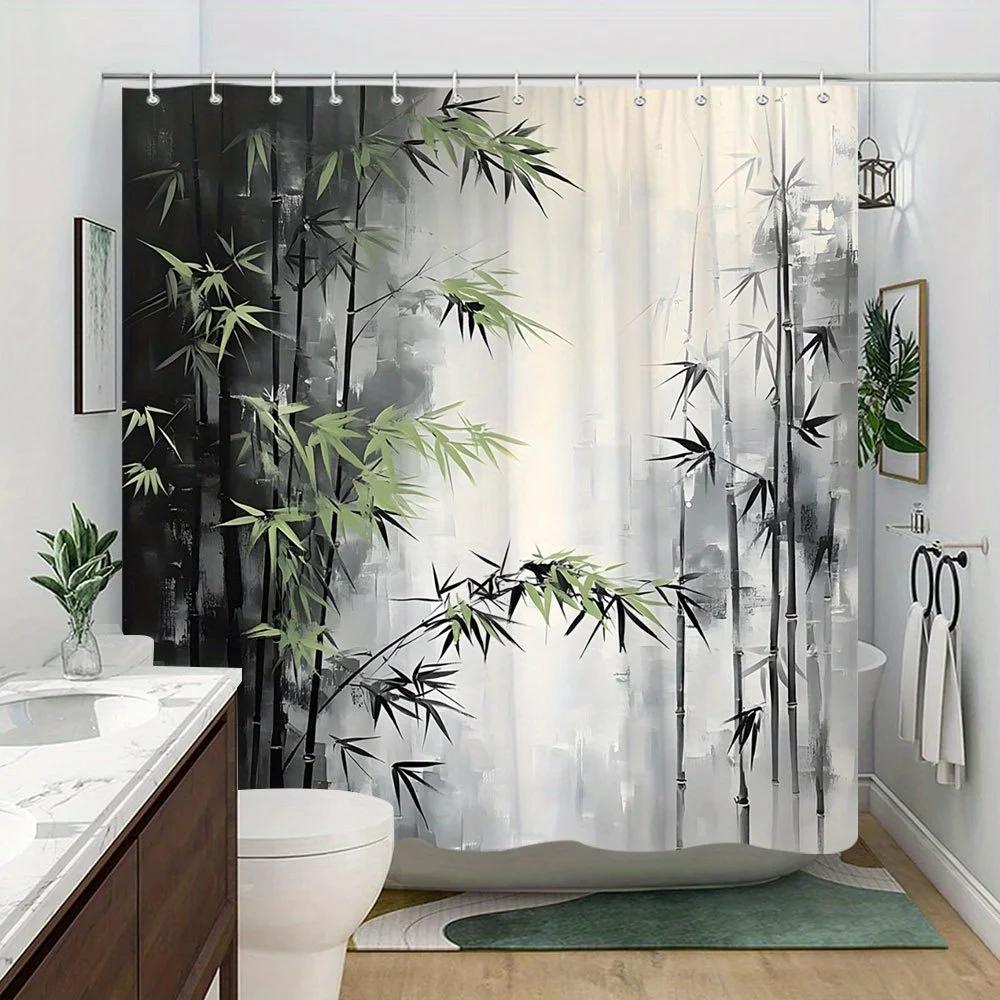 1pc Bamboo Forest Shower Curtain, Minimalist Bamboo Stalks with Green Leaves, Serene Foggy Background, Elegant and Calm Nature D