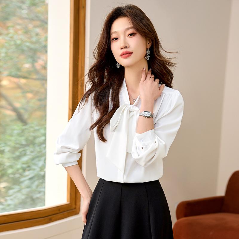 Women's Long Sleeve Blue Bow Chiffon Blouse - Professional French Workwear