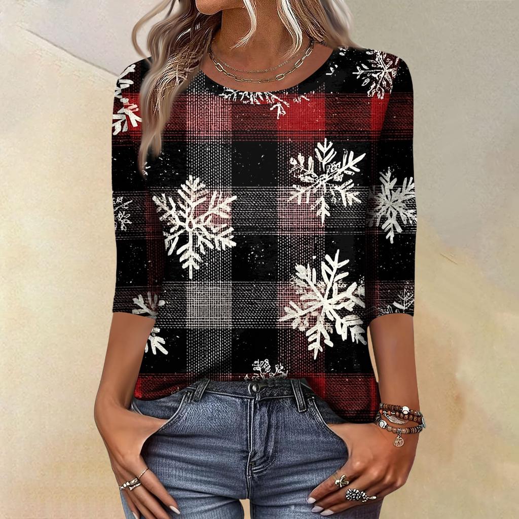 Women's Fashion Casual Christmas Tree Printed Round Neck Three-Quarter Sleeve T-Shirt Top