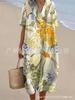 New Loose Casual Comfortable V-neck Digital Printing Pleated Large Version Dress