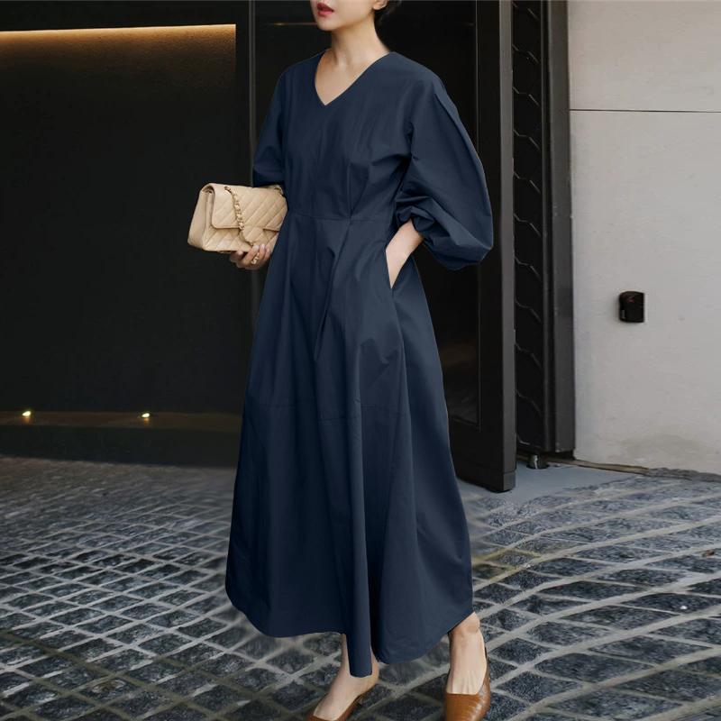 

ZANZEA Женское повседневное платье с V-образным вырезом, свободного кроя, с длинным рукавом, однотонное 5XL тёмно-синий