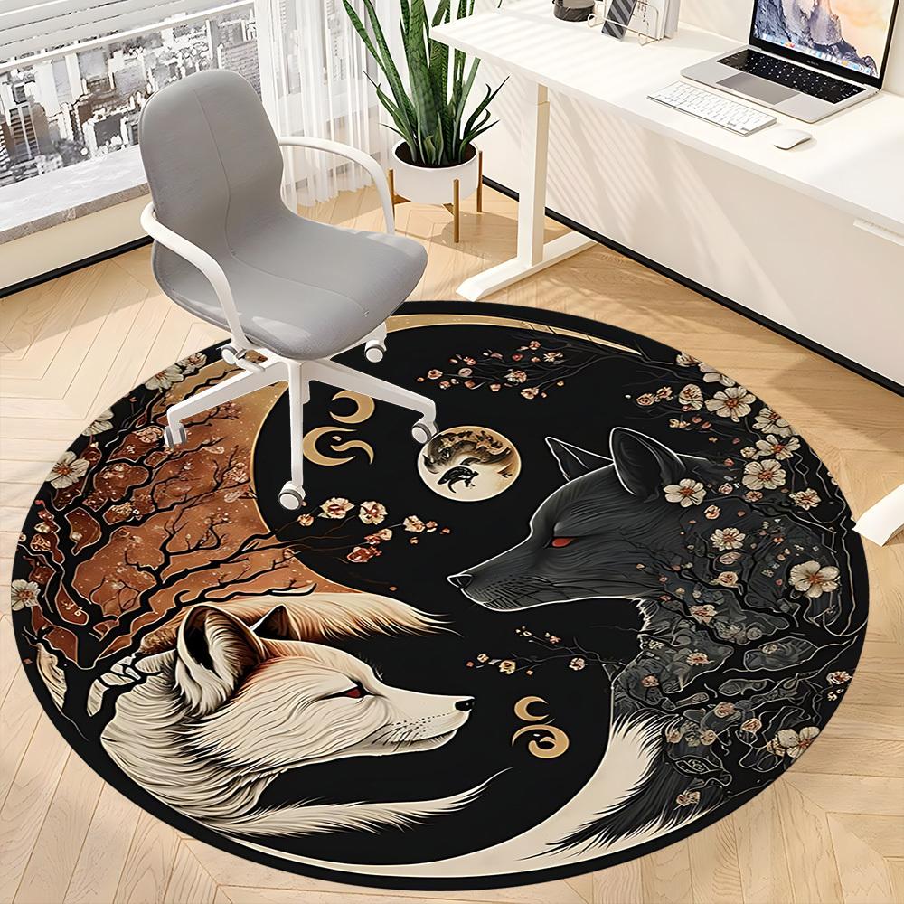 1pc Wolf Moon Office Round Area Rug, Under Office Chairs Bedroom Living Room Home Decor, Room Deco