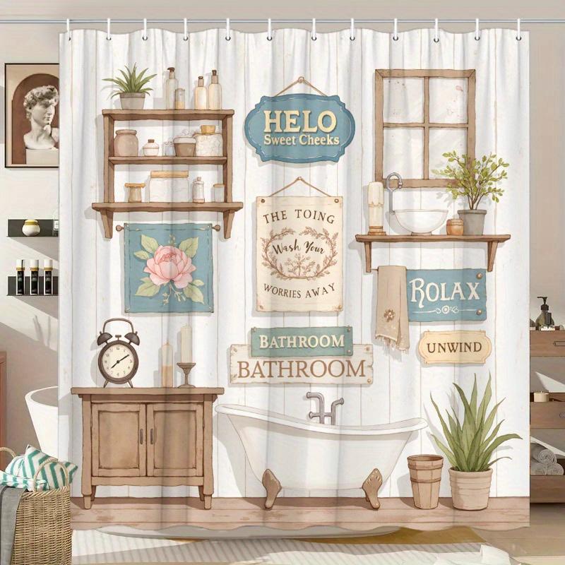 1pc Shower Curtain - Rustic Bathroom Scene with Shelves, Signs, and Vintage Decor Waterproof
