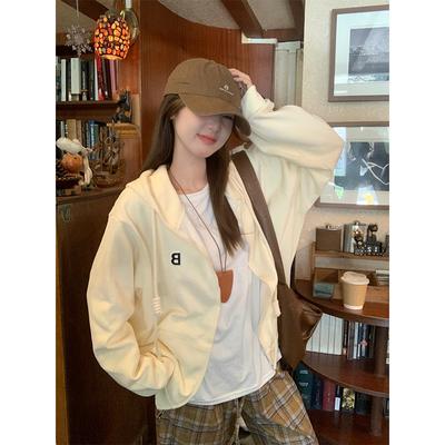 Lazy Style Apricot Drawstring Hooded Oversize Sweatshirt Autumn Super Nice Letter Cardigan Zipper Jacket for Women