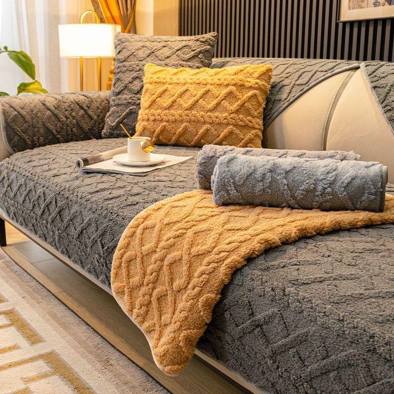 Plush Sofa Cushion Winter Non-slip Seat Cushion Thickened Warm Sofa Cover Simple Modern Winter Sofa Towel