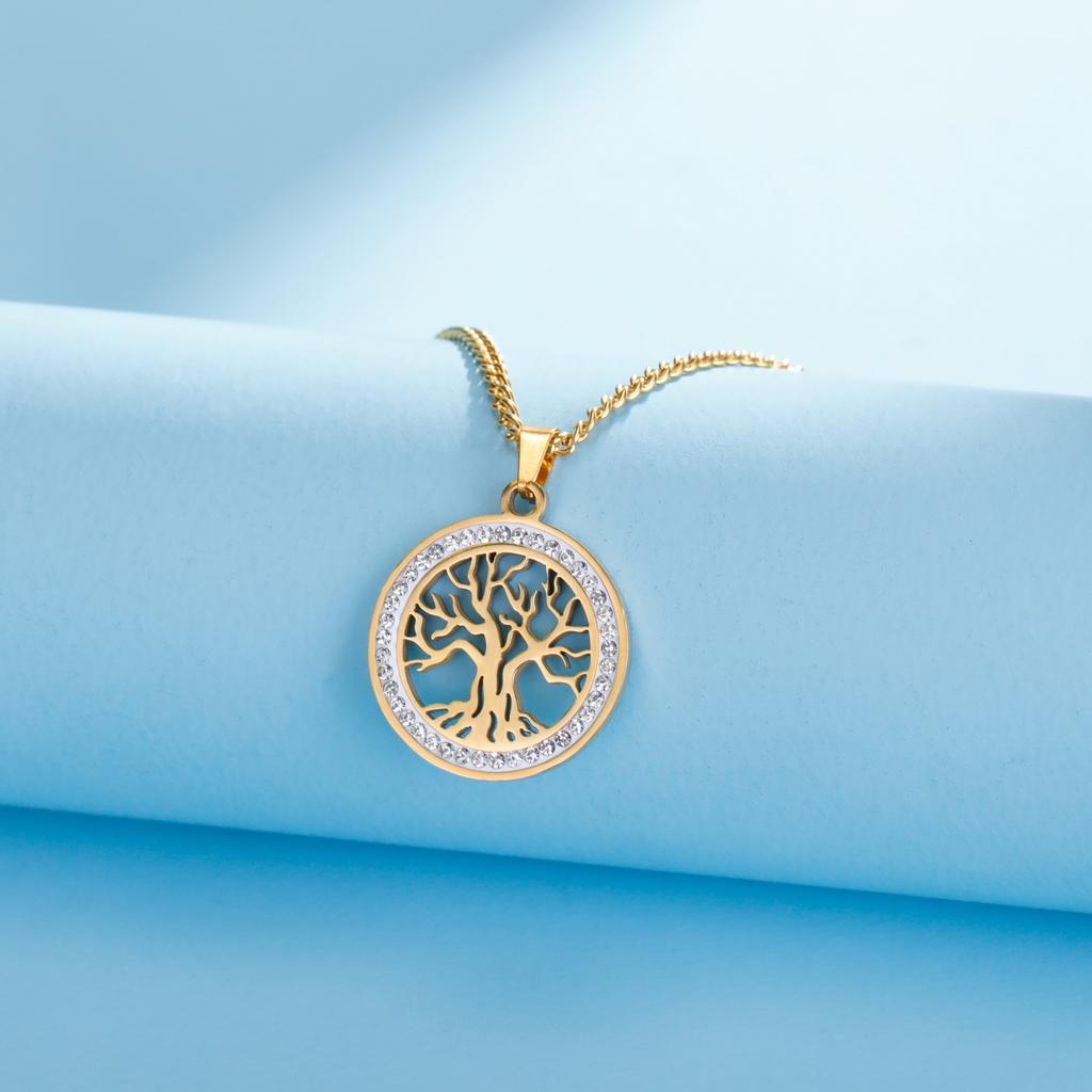 Lebensbaum-Halskette, modische Halskette aus Edelstahl, Lebensstammbaum, hohler Lebensbaum-Anhänger, Gold