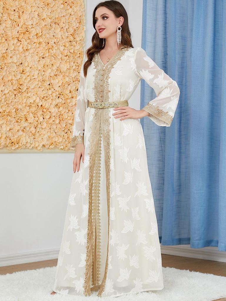 Women's V-neck Long Sleeve Middle Eastern Abaya Two-Piece Set Dress