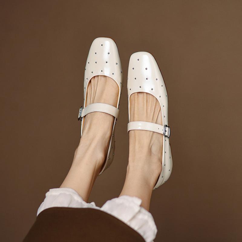 French Casual Women's Single Shoes Retro Mary Jane Shoes Spring and Summer New Versatile Light Mouth Leather Shoes Flat Heel Square Head Commuting