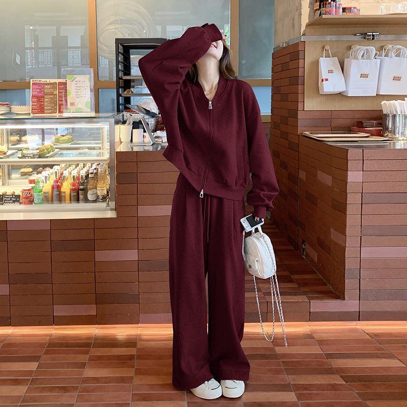 Angora Red Casual Sports Sweatshirt Suit for Women In Autumn Latest Style Lazy and Slim Slimming Two Pieces