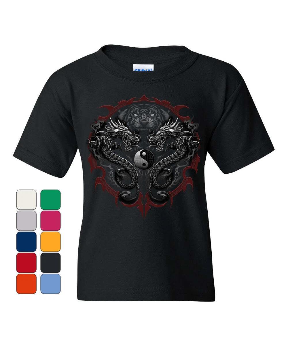 Bengal Rising Dragons Youth kids boys T-Shirt Asian Art Wild Tiger Yin and Yang Kids Tee 120