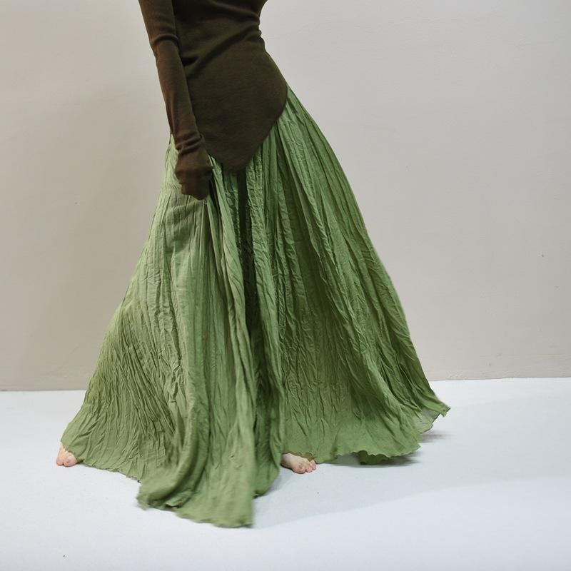 Women's Linen Maxi Skirts Summer Boho Solid Beach Elastic High Waist Pleated A-Line Flowy Swing Long Maxi Skirts Elastic Waist Long Skirt for Women