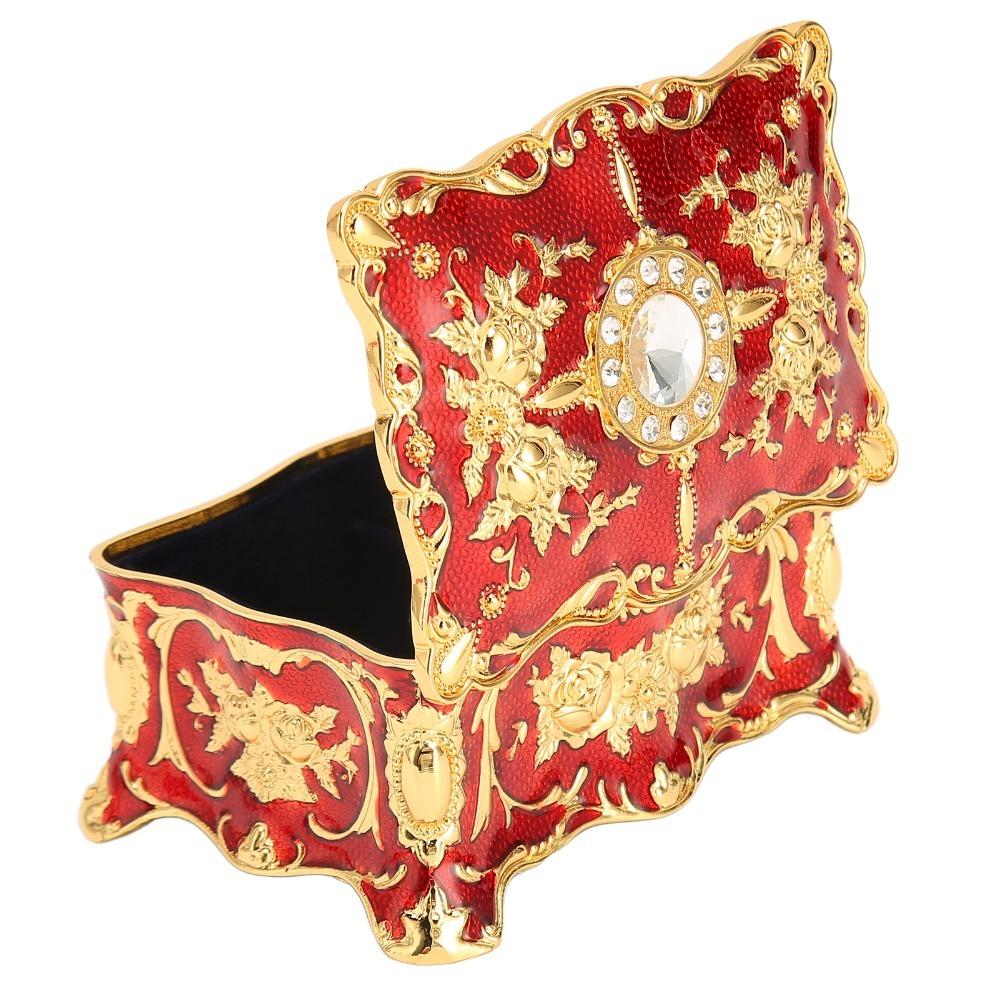 Gold Red Trinket Box Metal Enamel Treasure Chest Box Jewelry Box  Gemstone Storage Tray