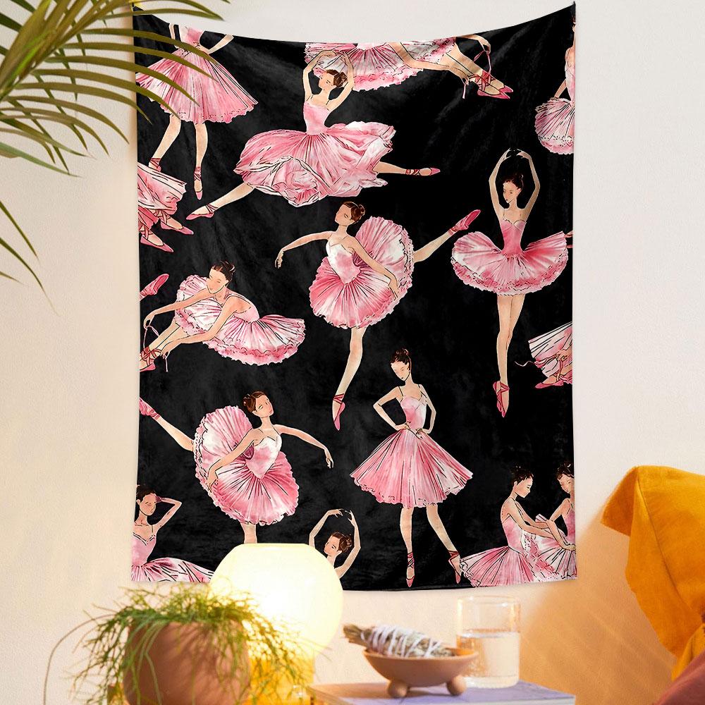Pink Ballet Dancers on Black Background Patterned tapestry home decor, suitable for bedroom and living room, gift