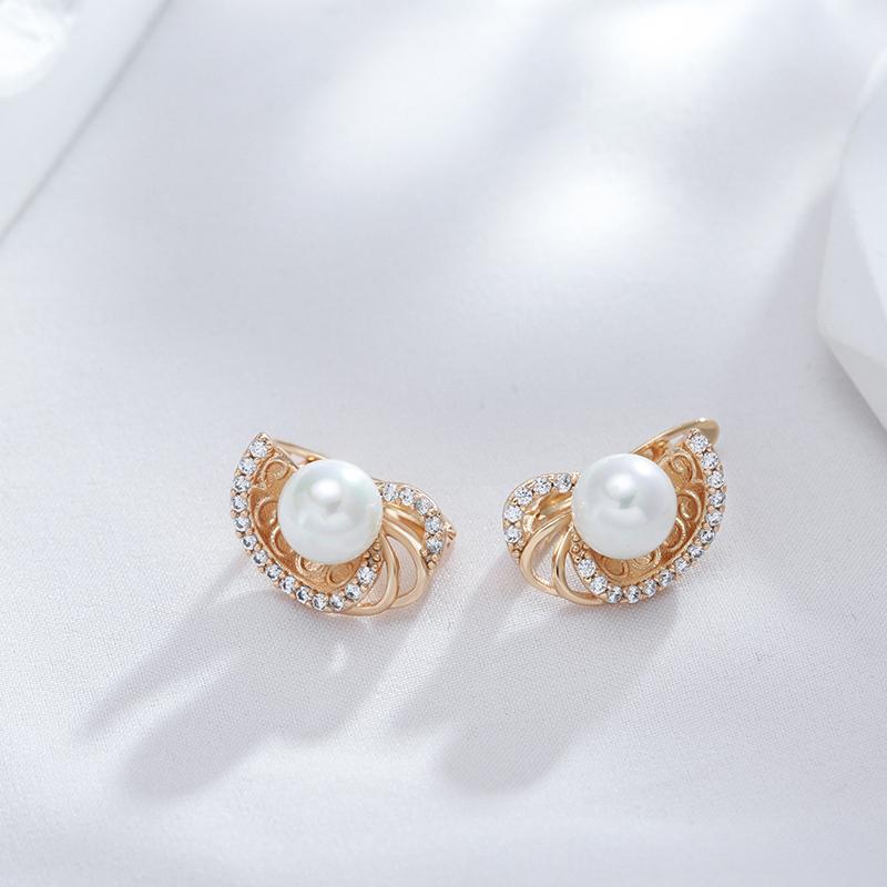 New Round Pearl Dangle Earrings For Women  Rose Gold Color Flower Ethnic Bride Earrings Lovely Fashion Daily Jewelry