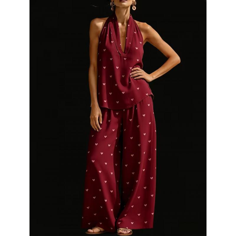 1116 Summer Cool Neck Suit Women's Temperament V-Neck Off-Shoulder Top + High Waist Wide Leg Pants Two-piece Set