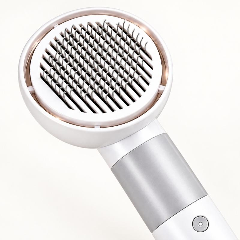 Adjustable Pet Blow Dryer Brush with 3 Temperature Setting, Blue, Yellow, and Red Indicators Light, Low or High Airflows, and Styling Nozzles