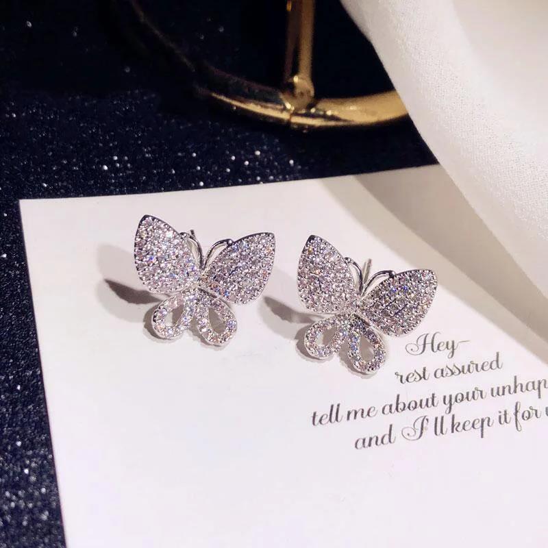 Elegant 925 Sterling Silver Butterfly Micro Inlaid Full CZ Zircon Crystal Stud Earrings for Women Pendientes Oorbellen Brincos
