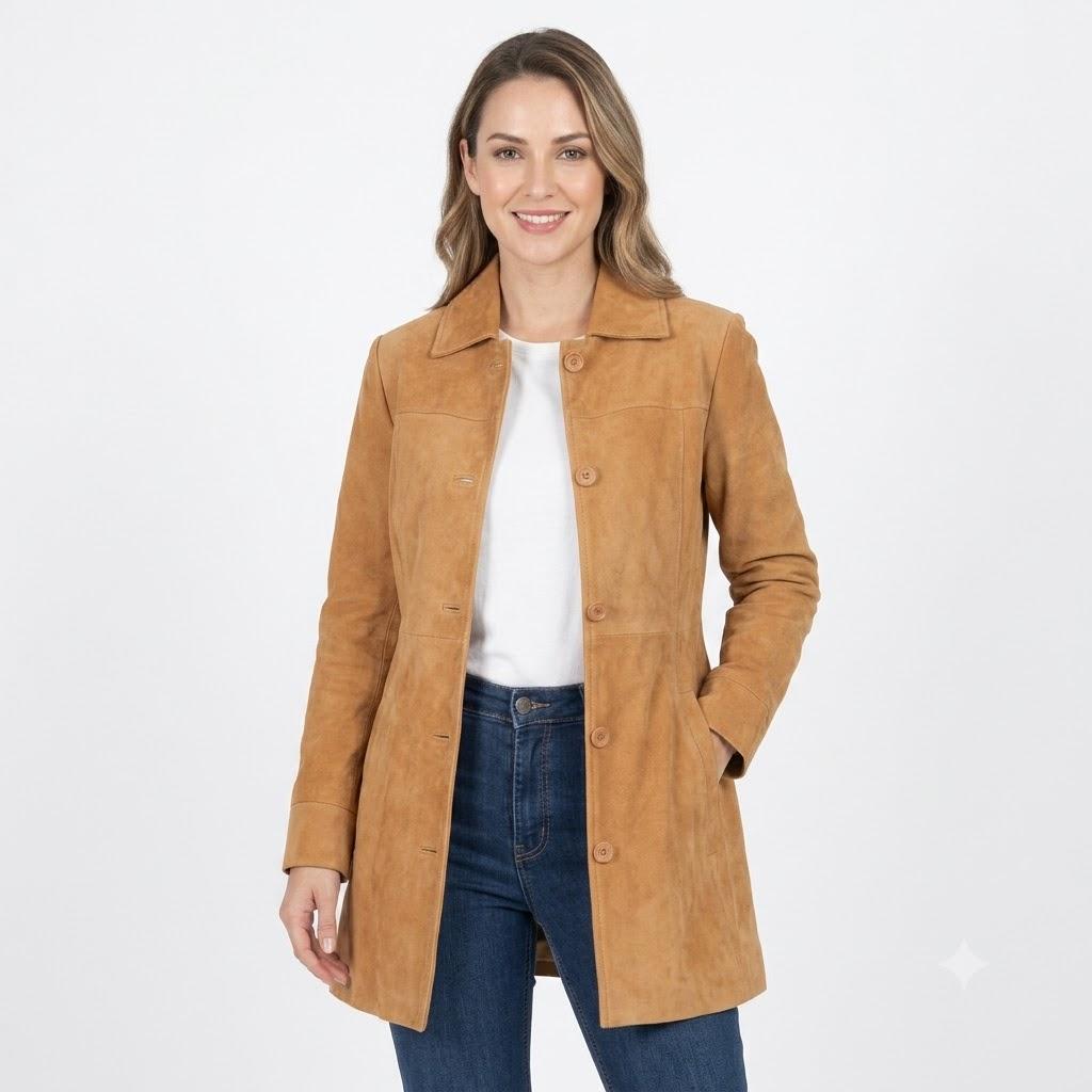 Stylish Suede Lambskin Leather Trench Coat