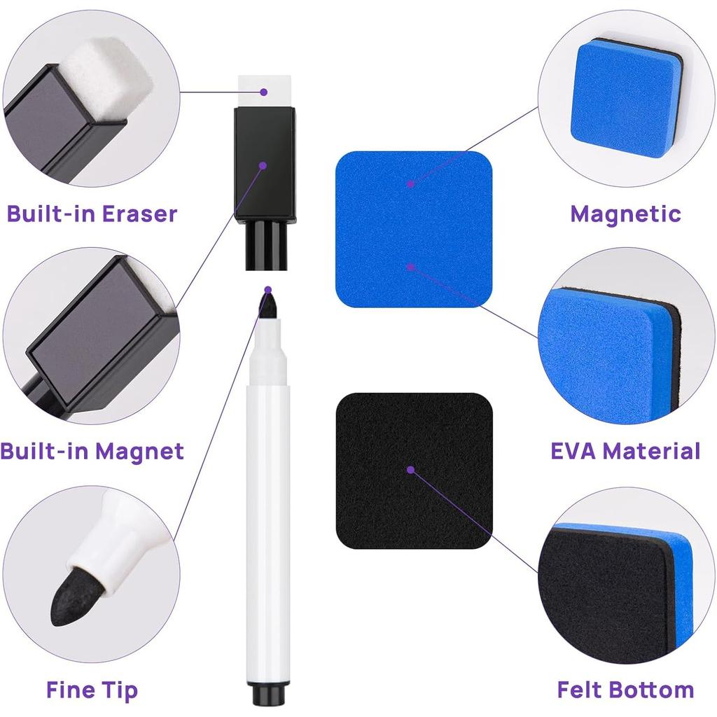 8 Pcs Colorful Magnetic Dry Erase Markers with Eraser,White Board Mini Dry Erase Markers with Eraser Cap,Fine Point Tip Student White Board Markers