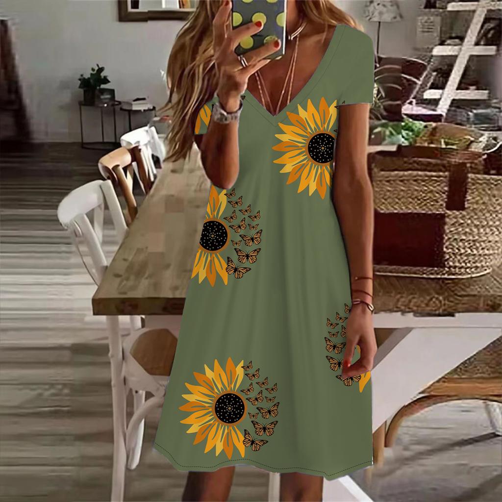 Summer Fashion Women's V Neck Short Sleeve Sunflower Printed  Dress Sex Short Skirt Dresses