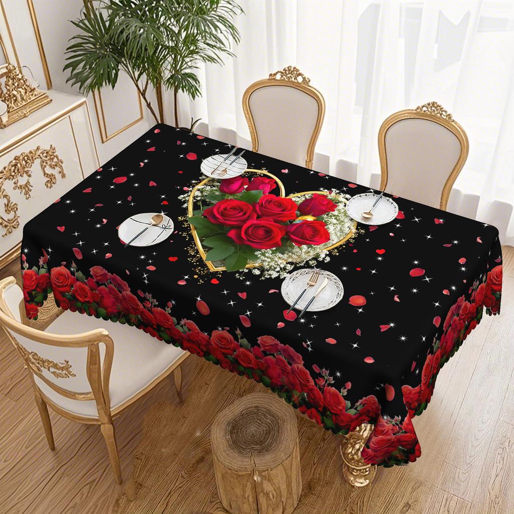 Romantic Black Bottom Red Rose Round Table Cloth, Gold Love Frame, Red Rose Petal Dining Table Decorative Cloth