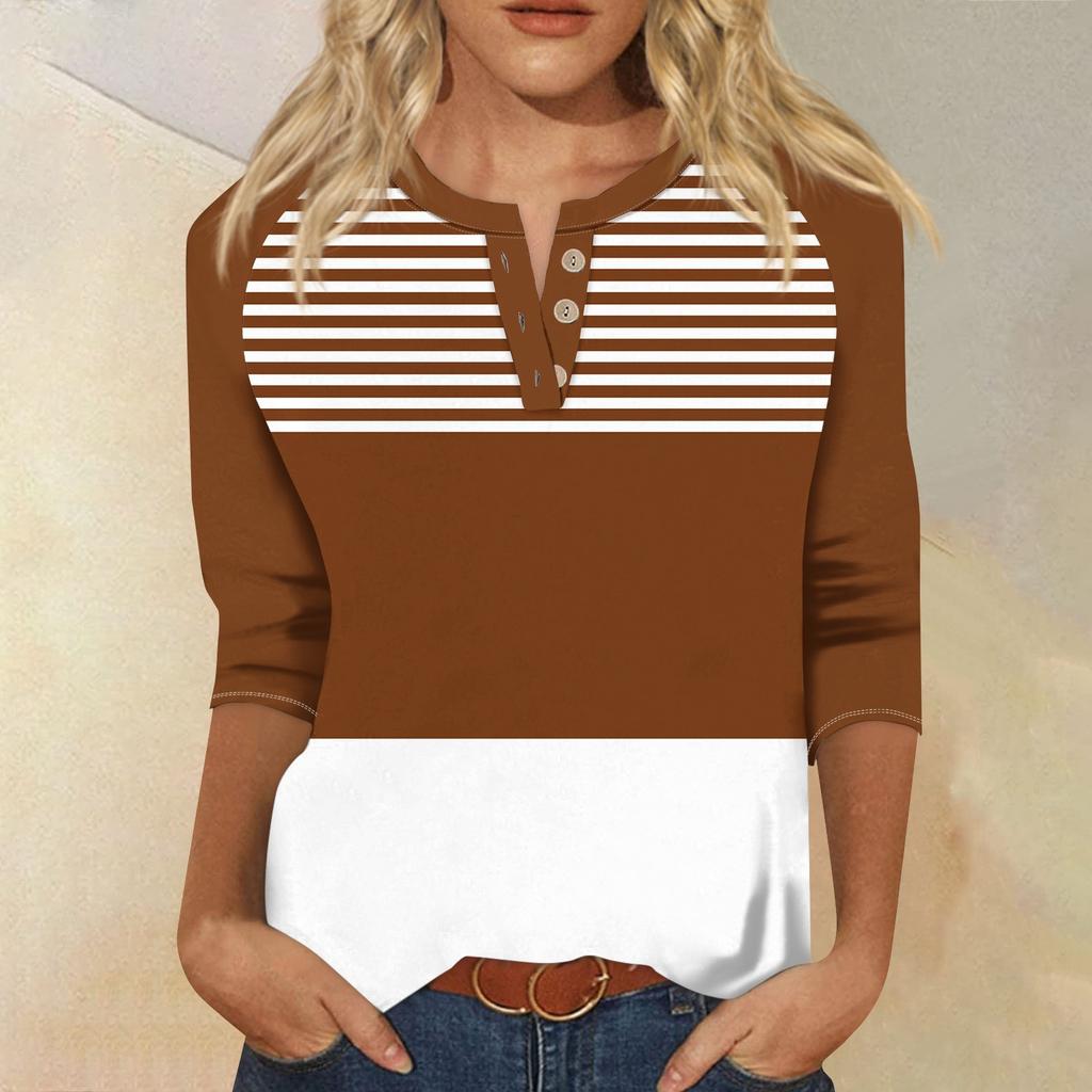 Women's Fashion T-Shirt Casual Printing V-Neck Button Up Shoulder Sleeves Seven Quarter Sleeve Top