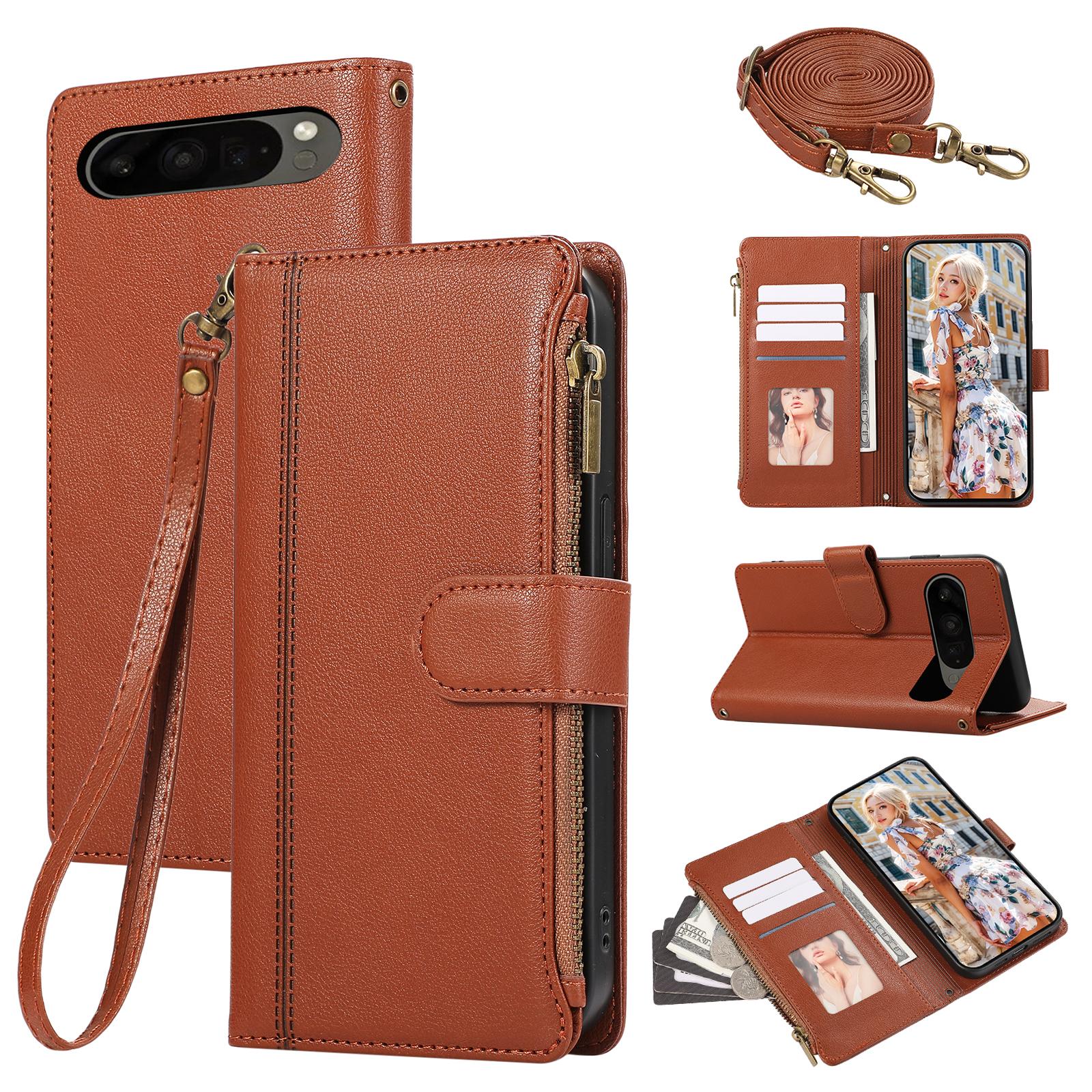 

For Google Pixel 9 Pro XL Case Multi Card Slots Zipper Leather Phone Cover with Shoulder Strap/Wrist Strap Brown