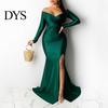 Slim Fit Dress Lady Evening V Neck Off Shoulder Side Slit Floor Length Long Ball Gown Sleeves Pleated Maxi Banquet Party Solid Color