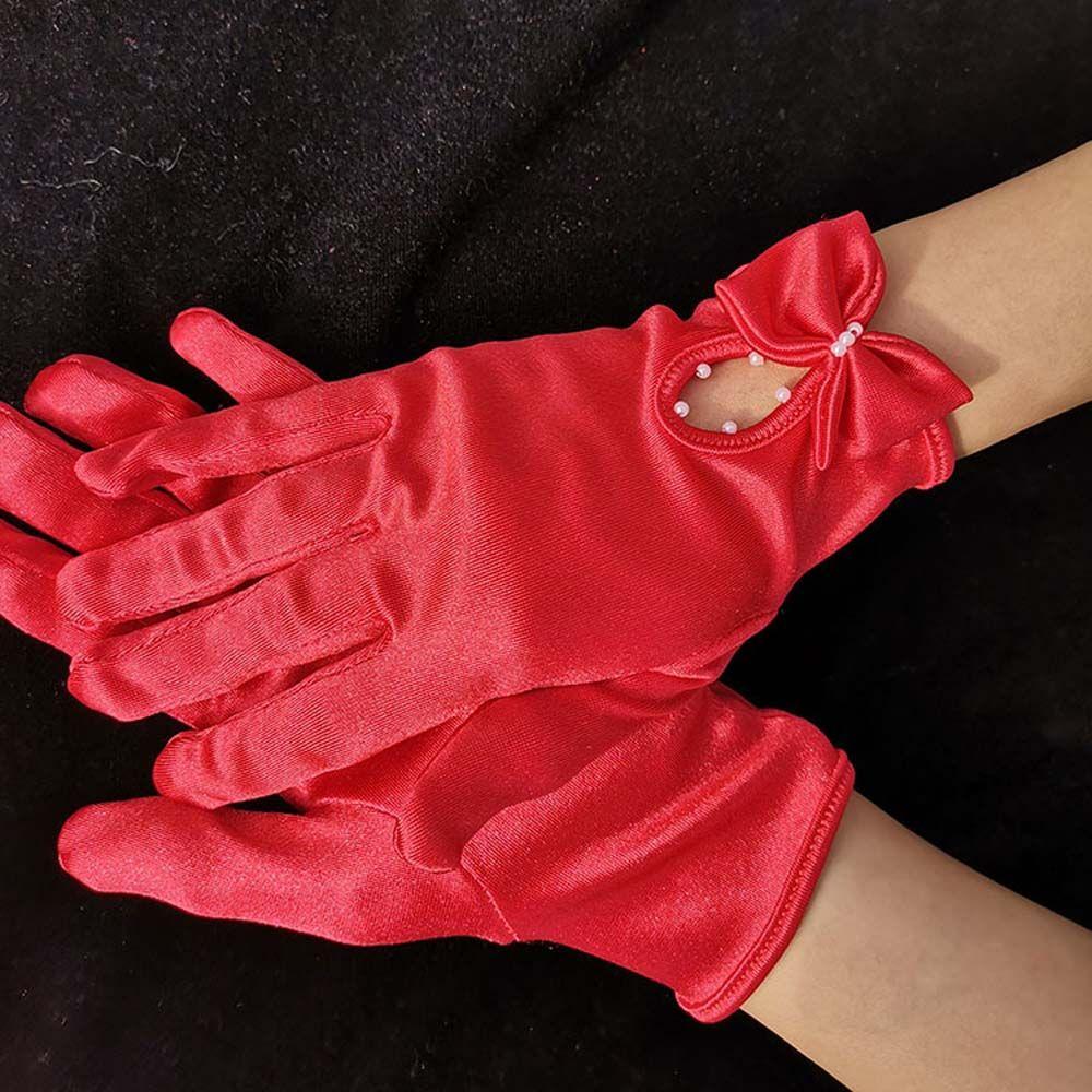 Pearl Prom Dinner Gloves Bridal Red Wedding Bridal Gloves Women Gloves Satin Mittens Bow Gloves