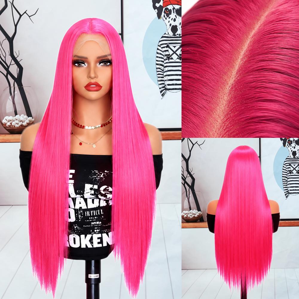 13x4 Pre‑Plucked Glueless Lace Front Wig, 24" Long Straight Dragon Fruit Pink Heat‑Resistant Synthetic Wig for Daily Cosplay Fashion