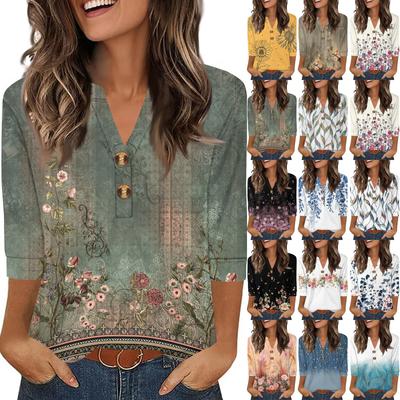Ladies' Fashionable Casual Retro Floral Print Three-quarter Sleeve Loose V-neck Button Shirt
